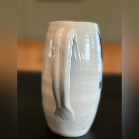 Williamsburg pottery tall water pitcher in blue vine design. - Picture 2 of 9